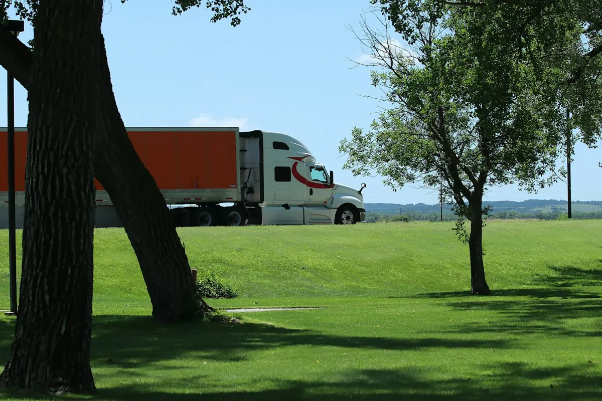 A lorry on a road lined with trees